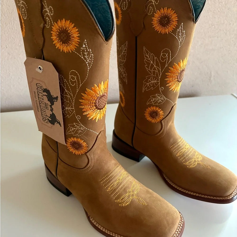 Sunflower Embroidered Tan Western Boots - Women's - Picture 1 of 6